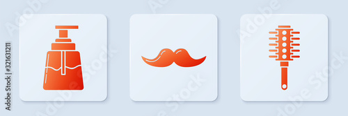 Set Mustache, Aftershave and Hairbrush. White square button. Vector