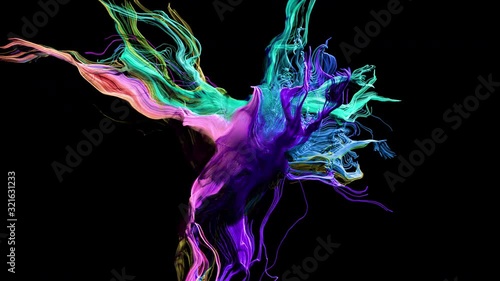 Colorful abstract particles growth, curvy shapes, on black background with alpha mask