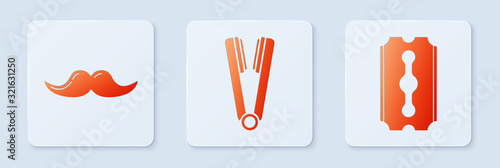 Set Curling iron for hair, Mustache and Blade razor. White square button. Vector