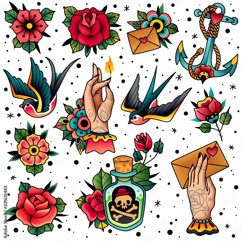 Old school traditional tattoo set Stock Vector
