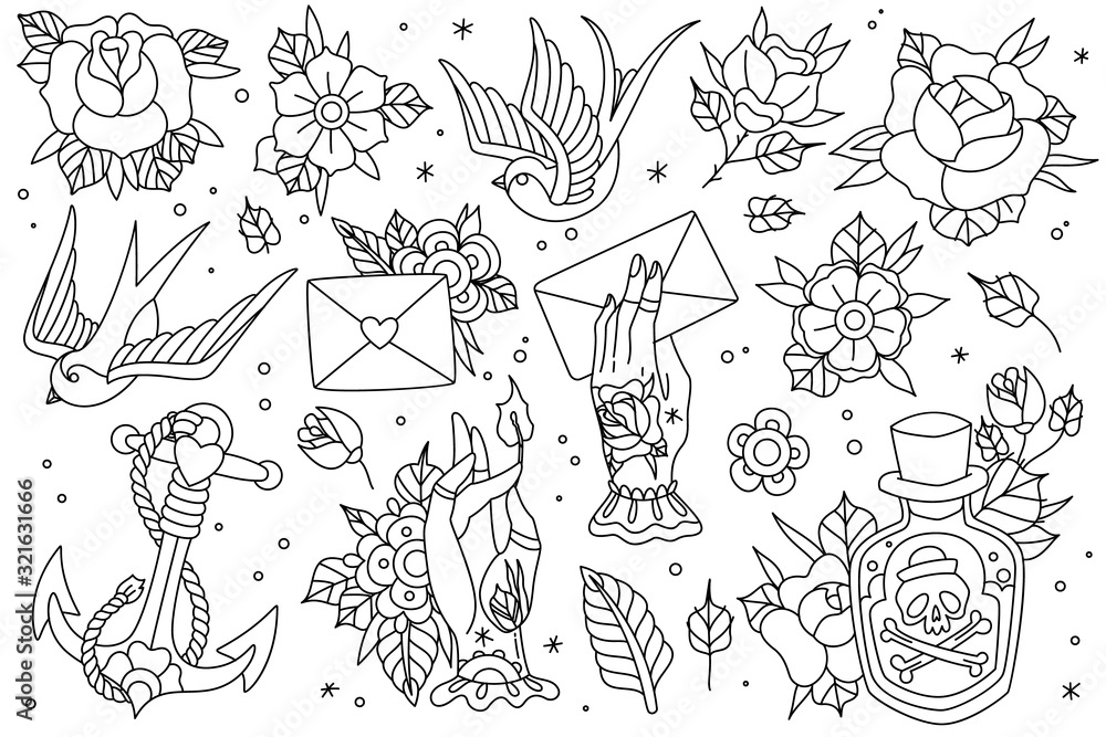 Old school traditional outlines tattoo set