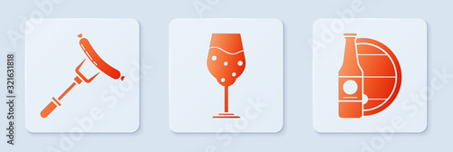 Set Glass of beer, Sausage on the fork and Beer bottle and wooden barrel. White square button. Vector