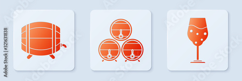 Set Wooden barrel on rack with stopcock, Wooden barrel on rack with stopcock and Glass of beer. White square button. Vector