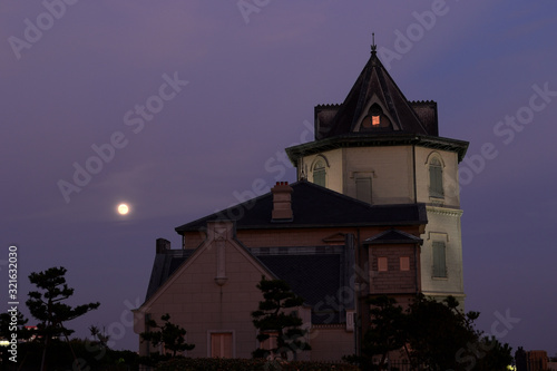 Sun Yat-sen Memorial Hall illuminated by the moon at Maiko,Kobe