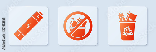 Set No trash, Battery and Recycle bin with recycle symbol. White square button. Vector