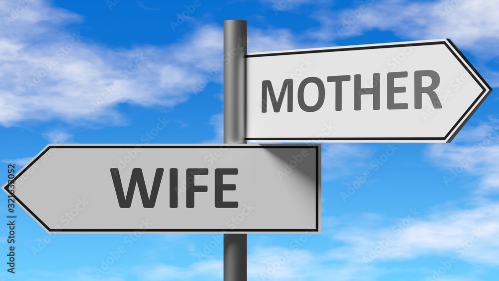 Wife and mother as a choice - pictured as words Wife, mother on road signs to show that when a person makes decision he can choose either Wife or mother as an option, 3d illustration Wife and mother as a choice - pictured as words Wife, mother on road signs to show that when a person makes decision he can choose either Wife or mother as an option, 3d illustration