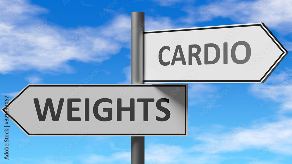Weights and cardio as a choice - pictured as words Weights, cardio on road signs to show that when a person makes decision he can choose either Weights or cardio as an option, 3d illustration Weights and cardio as a choice - pictured as words Weights, cardio on road signs to show that when a person makes decision he can choose either Weights or cardio as an option, 3d illustration
