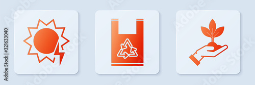 Set Plastic bag with recycle, Solar energy panel and Plant in hand of environmental protection. White square button. Vector