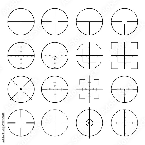 Pack of sniper rifle aims isolated. Crosshairs target choose destination icons. Aim shoot focus cursor. Bullseye mark targeting. Game aiming sight dot pointer set. Vector illustration