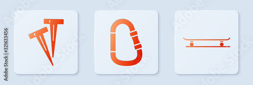 Set Carabiner, Pegs for tents and Skateboard. White square button. Vector