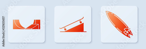 Set Skateboard on street ramp, Skate park and Surfboard. White square button. Vector