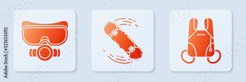 Set Skateboard trick, Diving mask and Parachute. White square button. Vector