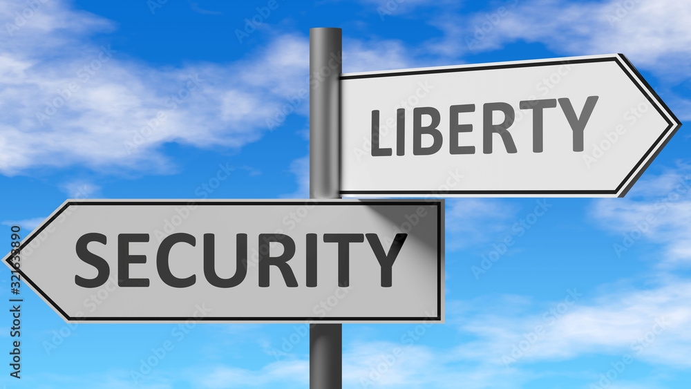 Security and liberty as a choice - pictured as words Security, liberty on road signs to show that when a person makes decision he can choose either Security or liberty as an option, 3d illustration Security and liberty as a choice - pictured as words Security, liberty on road signs to show that when a person makes decision he can choose either Security or liberty as an option, 3d illustration