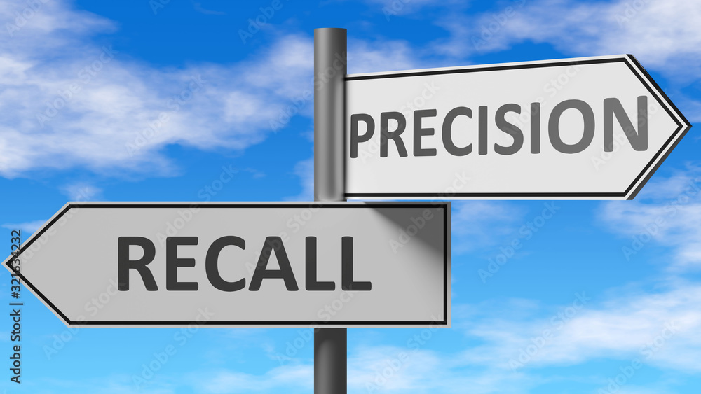 Recall and precision as a choice - pictured as words Recall, precision on road signs to show that when a person makes decision he can choose either Recall or precision as an option, 3d illustration Recall and precision as a choice - pictured as words Recall, precision on road signs to show that when a person makes decision he can choose either Recall or precision as an option, 3d illustration
