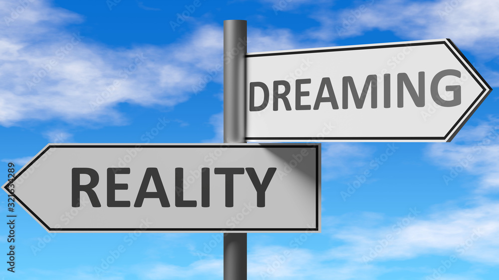 Reality and dreaming as a choice - pictured as words Reality, dreaming on road signs to show that when a person makes decision he can choose either Reality or dreaming as an option, 3d illustration Reality and dreaming as a choice - pictured as words Reality, dreaming on road signs to show that when a person makes decision he can choose either Reality or dreaming as an option, 3d illustration