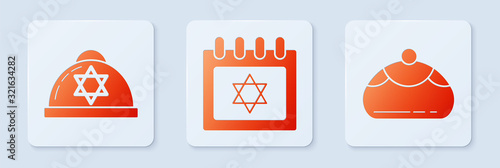 Set Jewish calendar with star of david, Jewish kippah with star of david and Jewish sweet bakery. White square button. Vector
