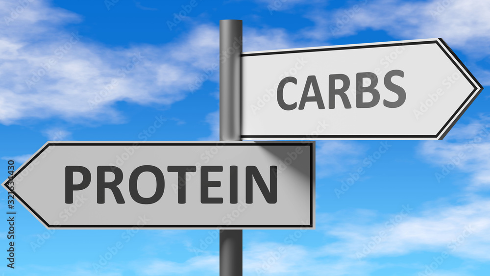 Protein and carbs as a choice - pictured as words Protein, carbs on road signs to show that when a person makes decision he can choose either Protein or carbs as an option, 3d illustration Protein and carbs as a choice - pictured as words Protein, carbs on road signs to show that when a person makes decision he can choose either Protein or carbs as an option, 3d illustration