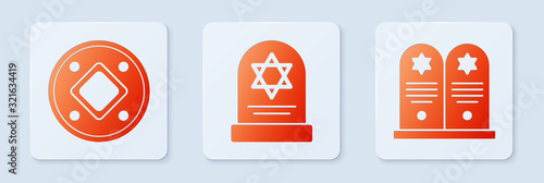 Set Tombstone with star of david, Jewish coin and Tombstone with star of david. White square button. Vector photo