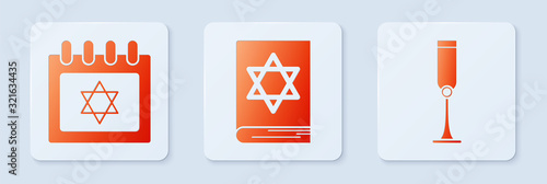 Set Jewish torah book, Jewish calendar with star of david and Jewish goblet. White square button. Vector