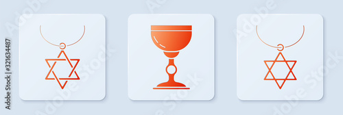 Set Jewish goblet, Star of David necklace on chain and Star of David necklace on chain. White square button. Vector
