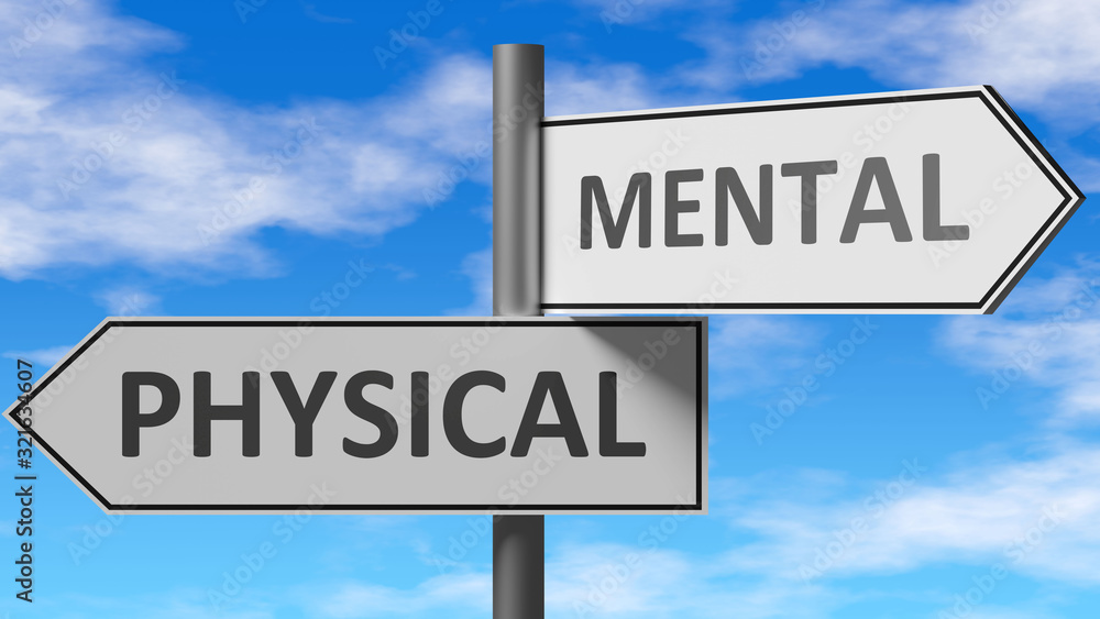 Obraz premium Physical and mental as a choice - pictured as words Physical, mental on road signs to show that when a person makes decision he can choose either Physical or mental as an option, 3d illustration