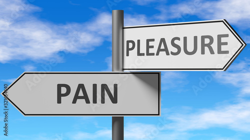 Pain and pleasure as a choice - pictured as words Pain, pleasure on road signs to show that when a person makes decision he can choose either Pain or pleasure as an option, 3d illustration