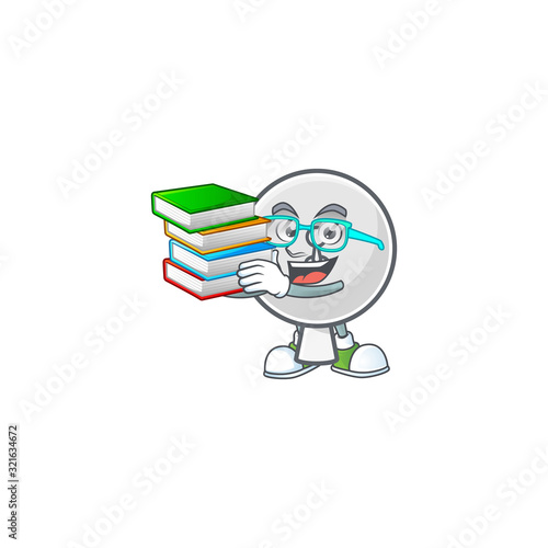 A brainy clever cartoon character of satellite dish studying with some books