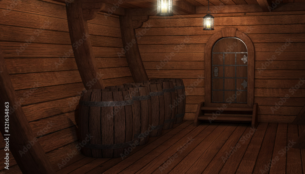 Obraz premium Wewnątrz starego statku. Ładownia lub kabina statku w tle. 3d ilustracja kabiny piratów.