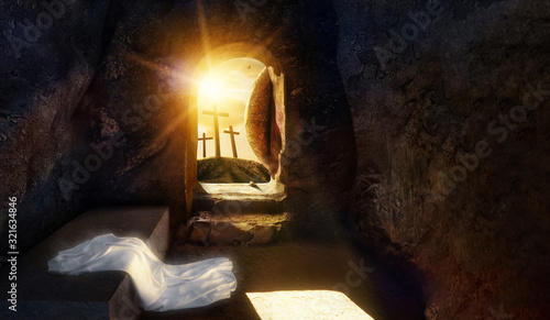 He is Risen. Empty tomb of Jesus with Shroud. Crucifixion of savior Jesus at Sunrise. -3d rendering. - Illustration.