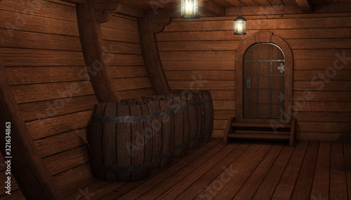 Inside old ship. Hold or cabin of a ship background. 3d illustration of pirate cabin.