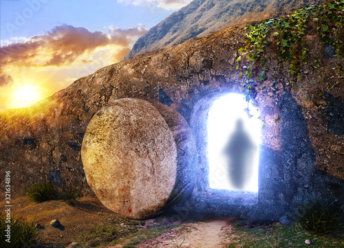 He is Risen. Crucifixion at Sunrise. The Tomb Of Jesus. The silhouette of the savior Jesus. Outside view on Tomb. 3D illustration