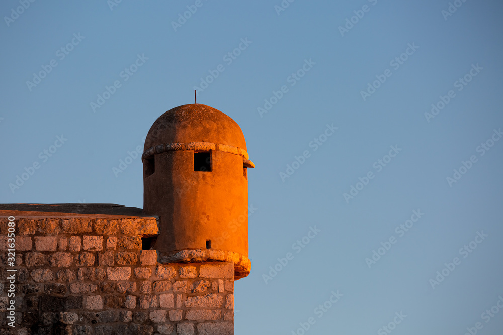 old medieval brick tower inside fort of Dubrovnik ancient walls old medieval brick tower inside fort of Dubrovnik ancient walls