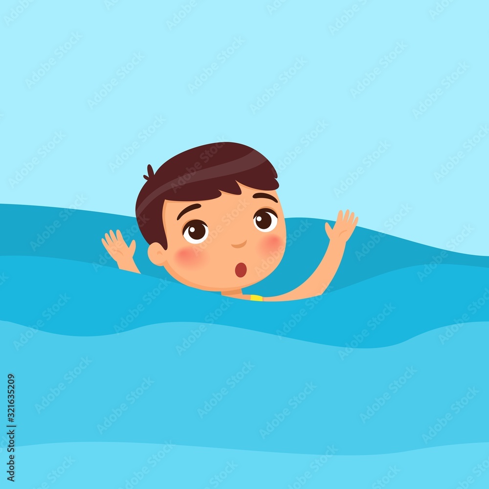 Scared little boy swimming flat vector illustration. Child sinking ...
