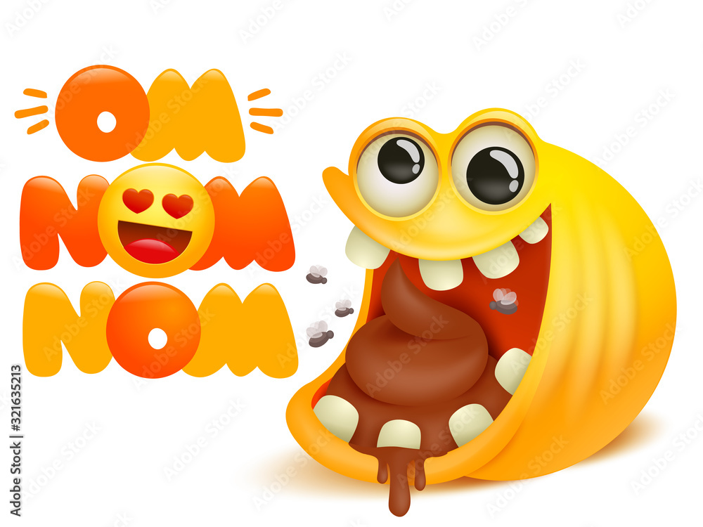 Om nom nom comic cartoon card. Yellow smile emoji character eating poop