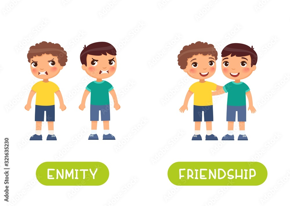 Two little boys quarrel and friends illustration with typography. Friendship and enmity antonyms flashcard vector template. Word card for english language learning with flat characters. 