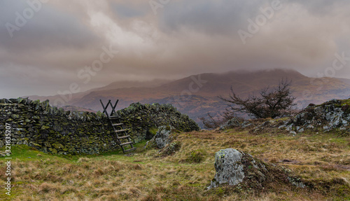 Black Crag above Tarn Hows in the Lake District. Winds of around 50mph on the top shortly accompanied by horizontal rain. photo