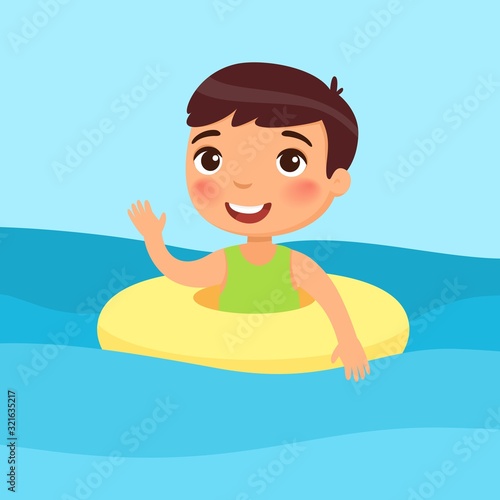 Boy swimming with inflatable ring flat vector illustration. Beautiful child having fun in water, waving hand. Cheerful kid enjoying summer activities color cartoon character