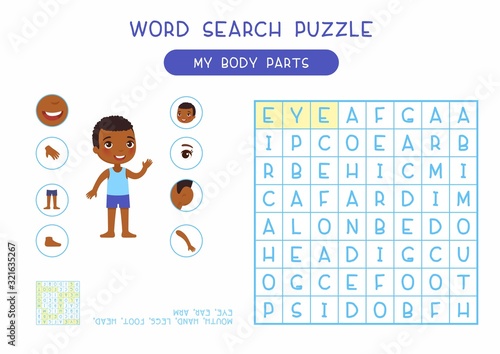My body parts word search puzzle flat vector design. Anatomy learning game for kids template, cartoon worksheet idea. Childish printable crossword with human external organs names layout