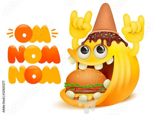 Om nom nom comic cartoon card. Yellow smile emoji character with icecream cone on head eating burger