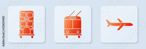 Set Trolleybus, Double decker bus and Plane. White square button. Vector
