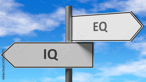 Φωτογραφία Iq and eq as a choice - pictured as words Iq, eq on road signs to show that when
