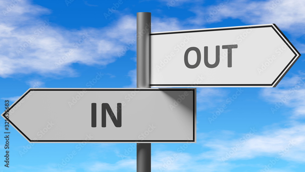 In and out as a choice - pictured as words In, out on road signs to show that when a person makes decision he can choose either In or out as an option, 3d illustration