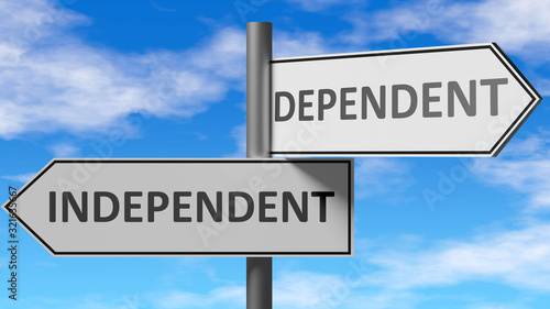 Foto Independent and dependent as a choice, pictured as words Independent, dependent