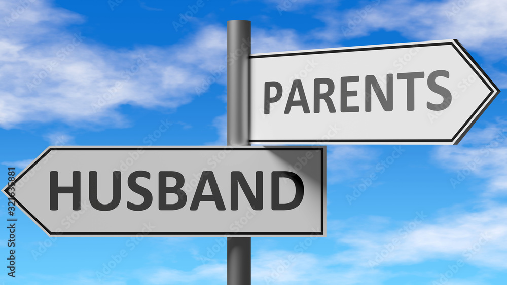Husband and parents as a choice - pictured as words Husband, parents on road signs to show that when a person makes decision he can choose either Husband or parents as an option, 3d illustration Husband and parents as a choice - pictured as words Husband, parents on road signs to show that when a person makes decision he can choose either Husband or parents as an option, 3d illustration