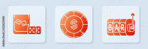 Set Casino chip with dollar symbol, Game dice and glass of whiskey with ice cubes and Slot machine. White square button. Vector
