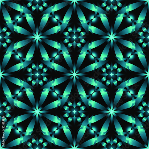Green flowers pattern.  Seamless endless repeating multicolored bright ornament of different colors on combined background