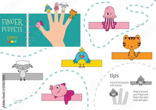 Vector animals as finger puppets. Cut and glue activity for preschool kids
