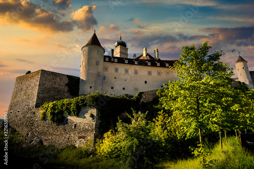 Schonbuhl castle on the sunset sky background. Lower Austria.