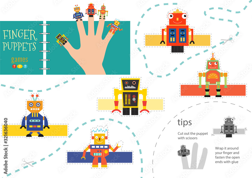 Finger puppet vector robots. Cut and glue educational illustration for