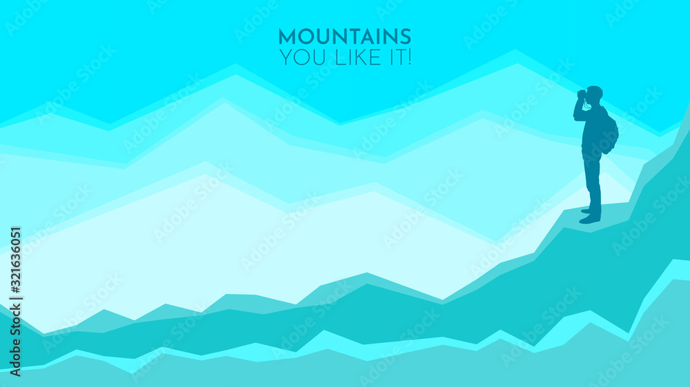 Tourist on top looks in binoculars. Explorer. Tourism on nature template of flyer, poster, cover, banner. Active lifestyle invitation concept background. Layout illustration modern page. Flat design Tourist on top looks in binoculars. Explorer. Tourism on nature template of flyer, poster, cover, banner. Active lifestyle invitation concept background. Layout illustration modern page. Flat design